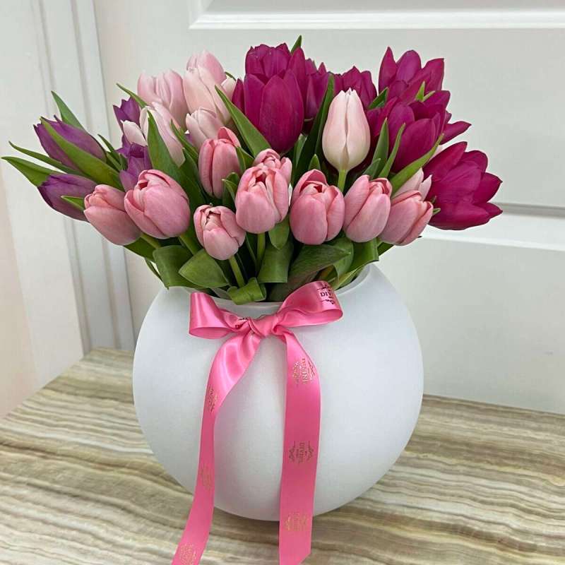 Fresh Tulips in Glass Bowl White Vase